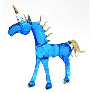 WitnyStore DH781546 작은 15.2cm6 인치 블루 골드 스탠딩 콘 신화 말 피규어미니어처 핸드 블로운 유리 페가수스 앨리콘 알라리콘 판타지 생물 크리스탈 동물, Unicorn 6 Bl Gd stand, 1개