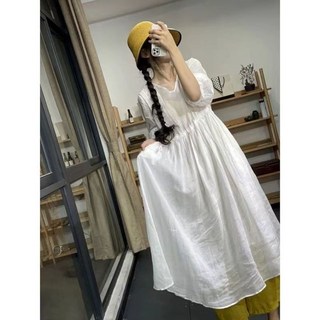 레이스 패치 브이넥 롱원피스 순색 플레어 면원피스 부드러운 휴양지 치마 드레스
