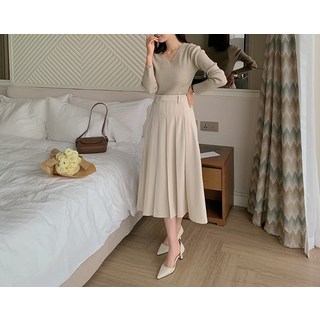 [리리앤코] [미디/롱] 뮤트피트 핀턱 플리츠 밴딩 스커트