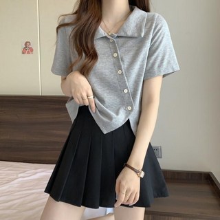 ANYOU 여름 여성 카라 반팔티 루즈핏 불규칙 데일리 티셔츠