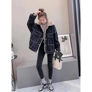 램스울 데님 코트 여 겨울 기모 숏 패딩 카고 점퍼 도톰한 보온 파카 패딩