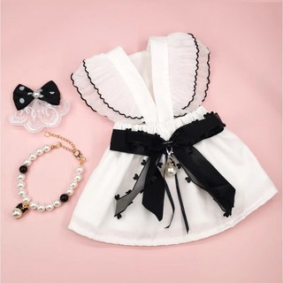 강아지 고양이 파티 기념일 웨딩드레스 리본 방울 장식 하트 헤어핀+목걸이+드레스 3종 세트, 1개, 헤어핀+목걸이+드레스 세트