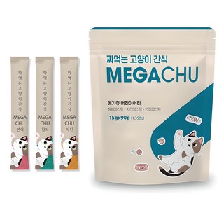 메가츄 짜먹는 츄르 고양이간식 90스틱 대용량 2개, 연어+치킨+참치, 15g, 180개