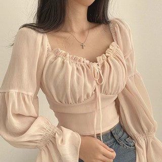 가을 섹시 프렌치 감성 쉬폰 긴팔 블라우스 여신 퍼프