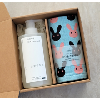 [스티커 제작 완포장][생활공작소 주방세제 500ml + 주방타올] 개인 단체 기관 행사 답례품, 1세트, 바니 주방타올