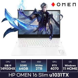 HP 오멘 16 SLIM u1031TX 인텔 i9 14세대 RTX4070 윈도우탑재 (64GB/2TB) / ICDI, HP OMEN 16 Slim u1031TX, WIN11 Home, 64GB, 2TB, 세라믹 화이트 마그네슘-알루니늄 커버