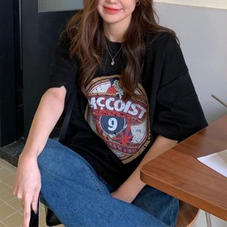 톰보이룩 빈티지 로고 여성 오버핏 반팔티 블랙 심플룩