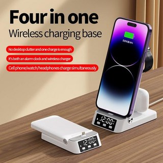 접이식 무선 충전기 스탠드 시계 알람 14 13 12 11 갤럭시 워치 8 7/6 고속 충전 스테이션 4 in, Black For iPhone, 1개