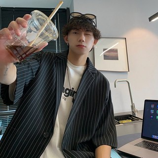 AOKADA 남자 썸머 스트라이프 줄무늬 INS 반팔 트렌 자켓 블레이저 남성 정장