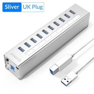 컴퓨터부품 ORICO-A3H7 알루미늄 고속 7 포트 USB 3.0 허브 확장 분배기 Usb 어댑터 도킹 스테이션 전원 노트북 액세서리 포함, [21] A3H10-Silver-UK, 21 A3H10-Silver-UK