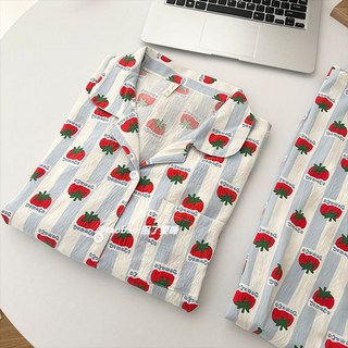 토마토 파자마 순면 여성 긴팔 긴바지 투피스 잠옷 세트 선물 홈웨어