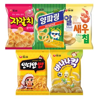 농심 스낵 5종 자갈치+양파링+알새우칩+인디안밥+바나나킥 2봉씩, 792g, 1세트