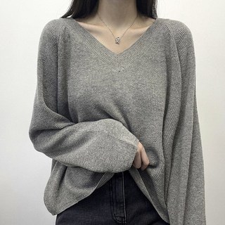 루즈핏 브이넥 샤프란폴리 울 긴소매 보들 니트