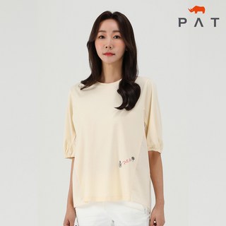 [PAT 여성] 우븐 배색 자수 티블라우스
