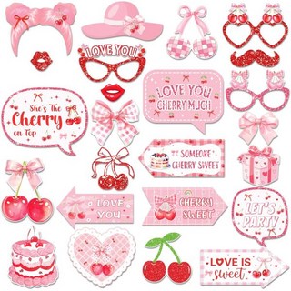 그녀는 정상에 체리 브라이덜 샤워 포토 부스 소품 세트 | 체리 러브 하트 테마 마스크 안경 및 파티 장식 - 총각 헨 파티 및 결혼 축하를 위한 귀여운 코켓 스타일
