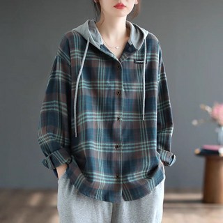가을 여성 체크 긴팔 상의 빅사이즈 후드 스트링 셔츠