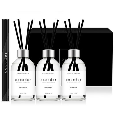 코코도르 화이트라벨 디퓨저 200ml x 3개 + 리드스틱 20개입 세트, 양재동 꽃시장, 숲속 새벽 공기, 너의 비누향_향기로운 공간을 만들어주는 디퓨저