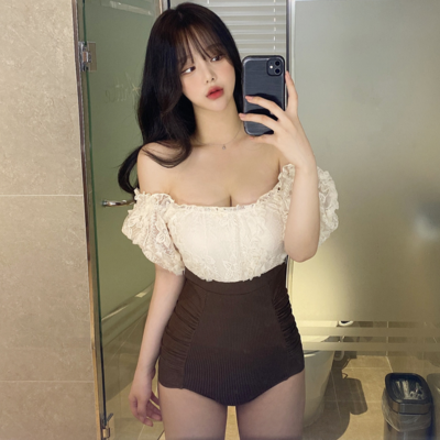 VANANA2 여성 레이스 아일렛 오프숄더 모노키니 원피스 수영복, 베이지, FREE