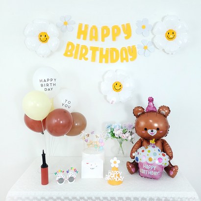 A 생일케익 곰돌이 생일파티 데이지꽃풍선 풍선스탠드 가랜드 생일안경 생일꼬깔모자 공기주입기