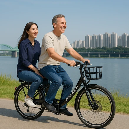아빠와딸 2인승 전기 자전거 안전한 안정적인 뒷좌석 전동 유치원 어린이집 등하교 출퇴근, 블랙, 스틸