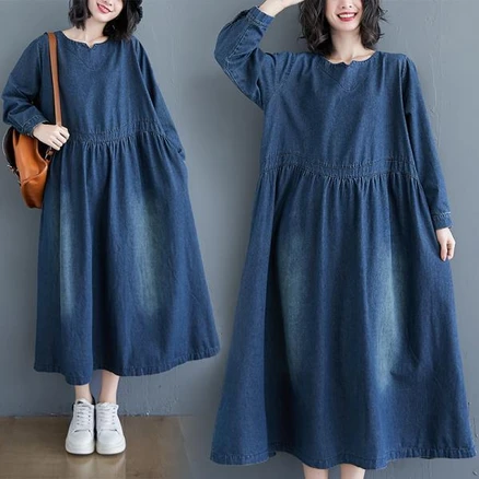 미녹지구 봄가을 데님 롱원피스 빅사이즈 루즈핏 셔링 청원피스 오버핏~105kg