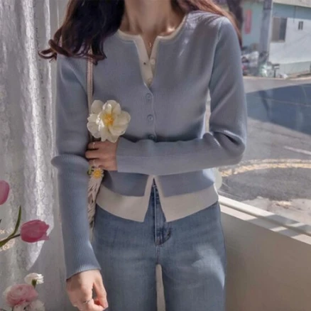[리린]레이츠비 더블배색 쫀득신축 여리핏 골지 가디건 598409, 그레이