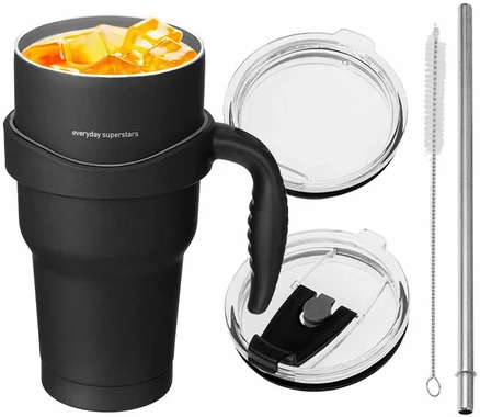 코멧 진공 스테인리스 텀블러 + 손잡이 + 빨대뚜껑 + 빨대 + 빨대솔, 블랙, 900ml, 1세트