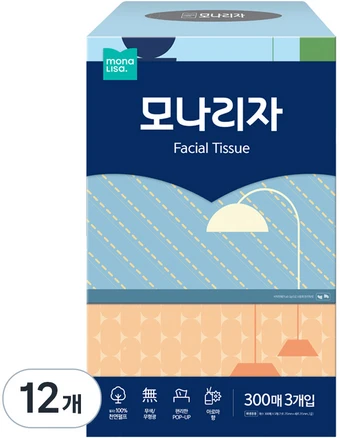 모나리자 천연펄프 미용티슈 2겹, 300매, 12개