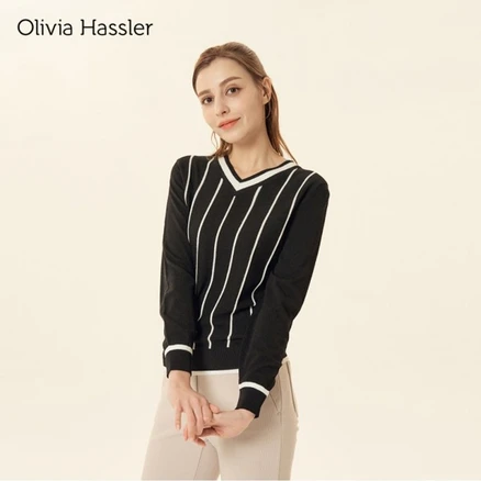 올리비아하슬러 브이넥 스트라이프 볼륨소매 니트 OHDSSW202
