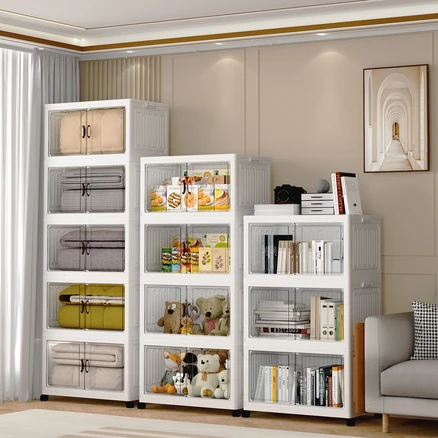 Kleeno 접이식 설치 면제 양문 수납장 3단 4단 5단 이동식 다용도 수납장 가정 베란다 거실용 수납장 간식 장난감 수납장 리빙박스 정리함 수납함, 3층