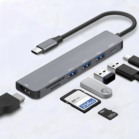 홈플래닛 7포트 USB3.0 멀티허브 DEX미러링 (USB*3 타입C HDMI SD/MSD) / HUB7C-L, 그레이, 1개-추천-상품