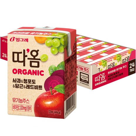 따옴 Organic 유기농 주스 사과 & 청포도 & 당근 & 레드비트, 120ml, 24개-추천-상품