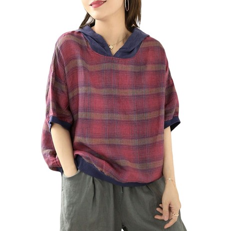 ROYALBELLE 여성 에스닉 체크 후드 반팔 티셔츠 빈티지 배색 루즈핏 반팔 상의 캐주얼룩 Y040205-추천-상품