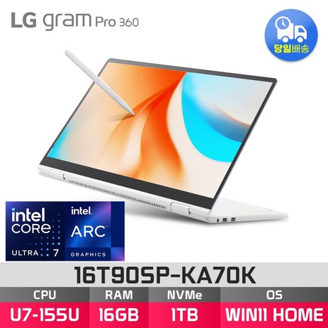 LG전자 그램 프로360 16T90SP-KA70K + WIN11설치모델로 출고됩니다., WIN11 Home, 16GB, 1TB, 화이트-추천-상품