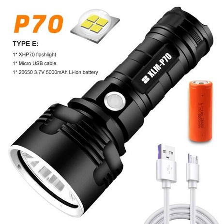 높은 루멘 LED 손전등 XLM-P70 강력한 USB 배터리 충전식 방수 높은 밝은 랜턴 손전등, [04] P70 26650 batteries, 1개-추천-상품