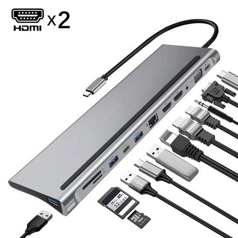 12 in-1 USB C 허브 듀얼 HDMI 4K 유형 C 도킹 스테이션 RJ45 PD 100W 어댑터 VGA 100Mbps 기가비트 이더넷 USB 3.0 허브, 12 in 1, 12 in 1, 1개-추천-상품