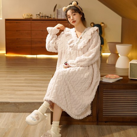 로리돌스-빅사이즈-꽈배기-수면잠옷.-베이지-베어-극세사-수면-원피스-홈웨어-파자마-추천-상품