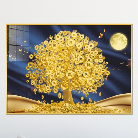 아트블루 부자되는 황금 코인 나무 그림 풍수 인테리어 소품 액자, 2번 황금돈나무와 달_청색배경-추천-상품