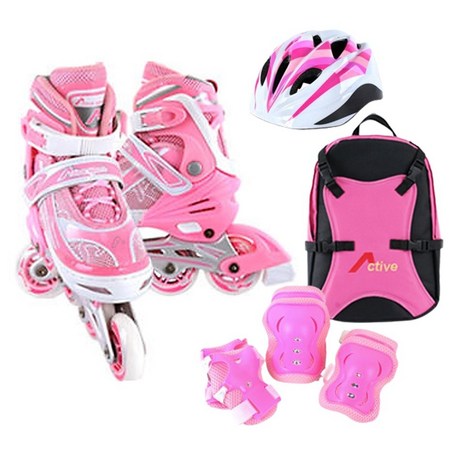 [인라인세트] 사이즈 조절형 아동용 발광바퀴 인라인 스케이트+헬멧+보호대+가방, 스마트 핑크-추천-상품