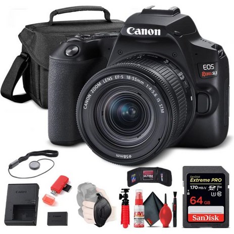 Canon 캐논 EOS 레벨 SL3 DSLR 카메라 18-55mm 렌즈 블랙 3453C002 64GB 메모리 카드 케이스 리더 플렉스 삼각대 핸드 스트랩 캡 키퍼 지갑 청소 키트-추천-상품