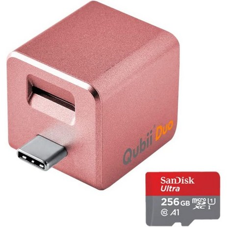 Maktar Qubii Duo USB Type C 로즈 microSD256GB 충전하면서 자동 백업 SD 잠금 기능 iphone usb메모리 ipad 용량부족 해소 사진 동영상, USB-C(로즈골드)+256GB-추천-상품