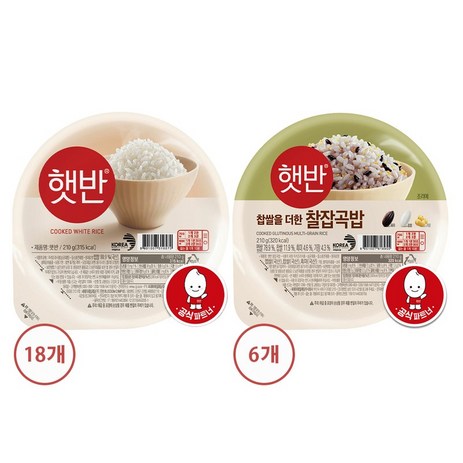 CJ제일제당 햇반 백미 210g x18개+찰잡곡밥 210g x6개, 햇반 백미 210g 18개 + 찰잡곡밥 210g 6개-추천-상품