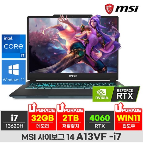 MSI 2024 사이보그 14 코어i7 인텔 13세대 지포스 RTX 4060, 블랙, 2TB, 32GB, WIN11 Pro, 사이보그 14 A13VF-추천-상품