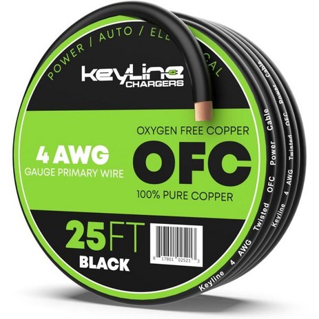 OFC 4 AWG 게이지 와이어 25ft Red | 무산소 구리 자동차 전원접지 배터리 케이블 트루스펙 용접 카 오디오 스피커 RV 트레일러 Amp 배선 by Keyline 충, 4 AWG 25ft Black-추천-상품