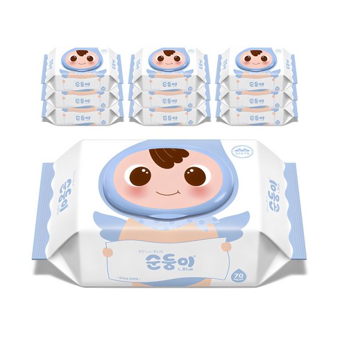 순둥이 - 순둥이 오리지널 플러스 엘블루 아기물티슈 캡형 75평량, 75g, 70개입, 10세트