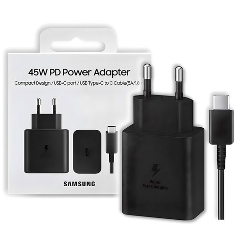 epta865 - 삼성전자 45W PD 초고속 충전기 절전형 + (USB C to C 케이블 1.8m 세트, 블랙, 1세트