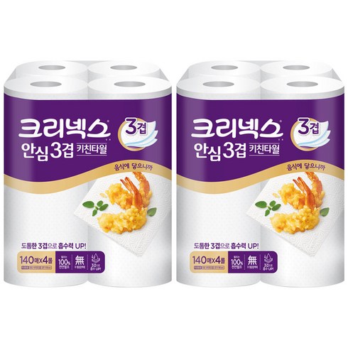 크리넥스 프리미엄 안심 3겹 천연펄프 키친타올 140매, 4개입, 2팩