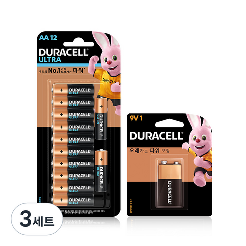 듀라셀 울트라 알카라인 건전지 AA 12p + 알카라인 9V 세트, 3세트