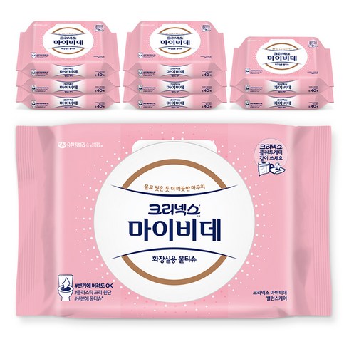 마이비데밸런스케어 - 크리넥스 마이비데 밸런스케어 물티슈 캡형, 40매입, 9개