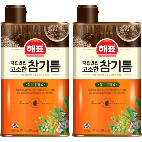 해표참기름 - 해표 딱 한번 짠 고소한 참기름, 500ml, 2개